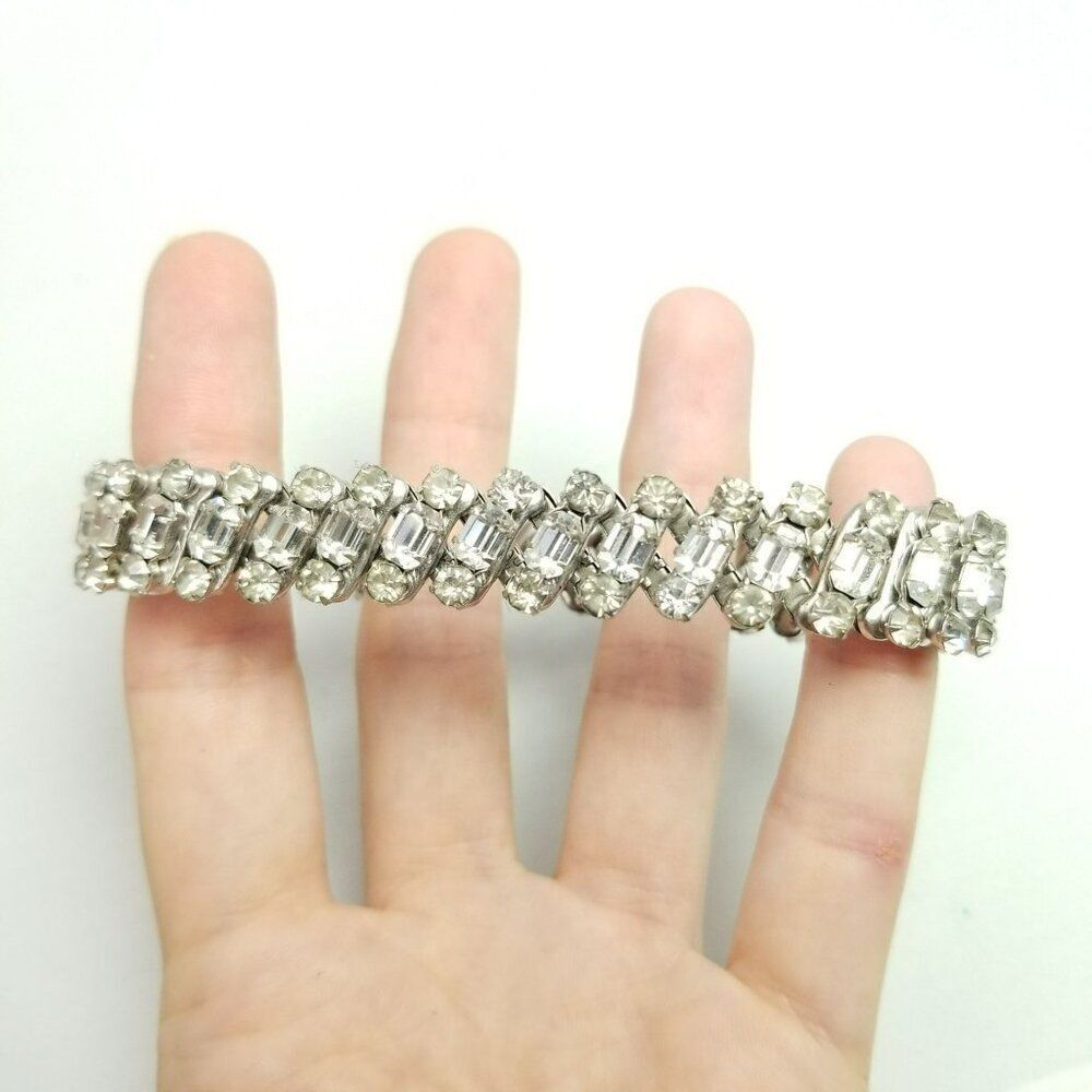 Vintage Three Row Rhinestone Stretch Expansion Bracelet, Emerald Shape Stones - Picture 2 of 8